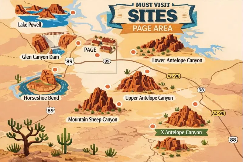 Map showing Antelope Canyon near Page Arizona with nearby highlights like Horseshoe Bend and Lake Powell