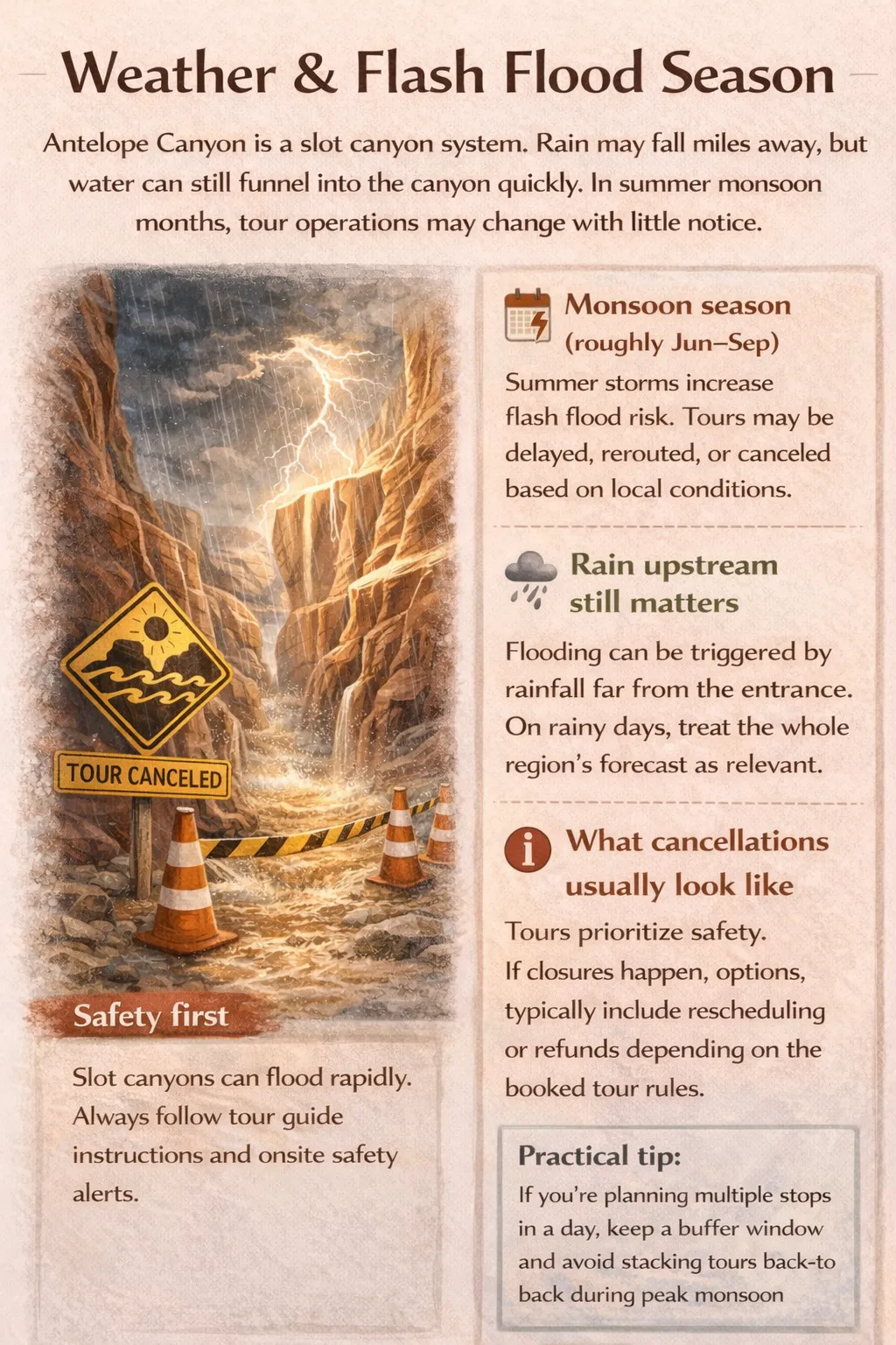 Infografica sul meteo di Antelope Canyon e sulla stagione delle piene improvvise, con i mesi dei monsoni e promemoria di sicurezza