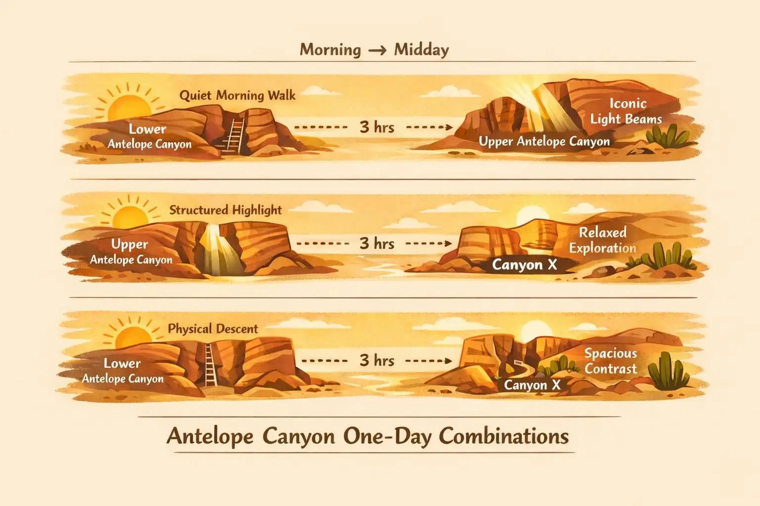 Antelope Canyon one-day tour combinations showing Upper, Lower, and Canyon X visit sequences with recommended 3-hour intervals